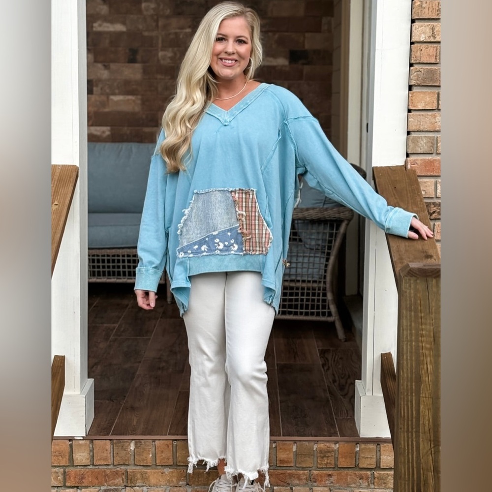 Light Blue Patchwork V-Neck Oversized Hoodie
